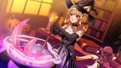 blonde_hair breasts cat_ears cat_tail catgirl face_markings female franek89 red_eyes squchan_(vtuber) tentacle tentacles virtual_youtuber vyugen witch_costume witch_hat