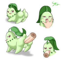 aeyerlock anal anal_sex anus chikorita disembodied_hand disembodied_penis duo fellatio female female_penetrated feral green_skin hi_res human human_on_feral interspecies leaf male male_on_feral male_penetrating mammal nintendo oral penetration penis pokémon_(species) pokemon presenting pussy red_eyes sex simple_background size_difference solo_focus straight tongue video_games zoophilia