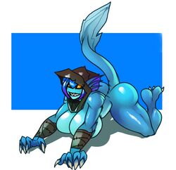 1girls 3_toes 4_fingers all_fours anthro arm_wraps ass big_ass black_sclera blue_hair blue_skin breasts bubble_butt claws cleavage curvy dat_ass dota dota_2 ear_fins female female_only fish full_body genderswap_(mtf) hair_between_eyes head_fins highres hood hourglass_figure huge_breasts lewdreaper looking_at_viewer marine monster monster_girl raised_tail rule_63 sharp_teeth short_hair slark_the_nightcrawler smile solo thick_thighs toe_claws