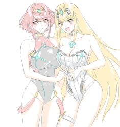 2girls 9431116 breasts female female_only mythra nintendo pyra short_hair swimsuit tagme xenoblade_(series) xenoblade_chronicles_2