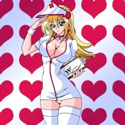 1girls blonde_hair breasts choker clipboard dark_magician_girl dress green_eyes holding_clipboard large_breasts long_hair looking_at_viewer nurse nurse_cap nurse_uniform panties short_dress thighhighs white_dress white_panties wslasher yu-gi-oh!