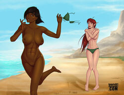 2girls abs beach blush breasts ceria dark-skinned_female dark_hair elf embarrassed fleeing headband kagato007 nude red_hair running smiling stripping topless