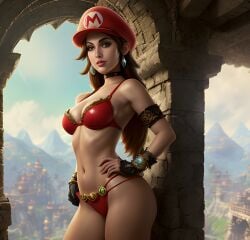 1girl ai_generated arm_bracelet bikini boobs bracelet caucasian_female civitai earrings eyeliner kotoshko lipstick mariette mario mario_(series) necklace red_bikini red_hat rule_63 super_mario_bros.