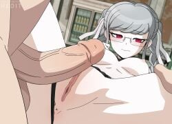 1boy 1girls bangs before_sex bikini blush braid braided_hair braided_twintails breasts danganronpa danganronpa_2:_goodbye_despair danganronpa_s:_ultimate_summer_camp female glasses hedit human indoors legs_apart male medium_breasts pekoyama_peko penis pov pussy red_eyes spread_legs swimsuit swimsuit_aside tagme veiny_penis