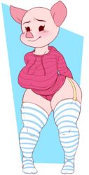 1girls anthro blue_background blush breasts cuddlesong disney female female_only genderbent genderswap hands_behind_back huge_breasts mammal pig piglet pink_skin porcine rule_63 stockings sweater thick_thighs thighhighs transparent_background winnie_the_pooh_(franchise)