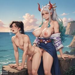 1boy 1futa 1futanari ai_generated anal anal_sex bent_over breasts breasts_out couple dickgirl duo femboy futa_on_femboy futa_on_male futanari horns huge_breasts huge_cock kexonik large_penis leaning_forward male multicolored_hair one_piece penis penis_out ponytail precum precum_drip precum_string puffy_nipples rough_sex sagging_breasts shaking sissy skirt_lift small_penis trembling twink two-tone_hair yamato_(one_piece)