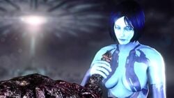 1girls 3d ancillasfm animated artificial_intelligence blue_eyes blue_hair bob_cut cortana halo halo_(series) handjob interspecies no_sound short_hair the_flood video