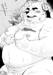 2024 anthro balls bear belly big_belly blush bodily_fluids closed_eyes cum cum_on_chest duo erection genital_fluids genitals hi_res kemono male male/male mammal mature_male moobs nipples overweight overweight_male penis shintatokoro