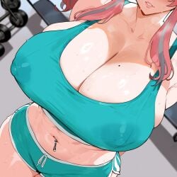 ai_generated arms_behind_back azur_lane breast_focus breasts_bigger_than_head bremerton_(azur_lane) cleavage covered_nipples creamy_ai curvy gym gym_shorts head_out_of_frame huge_breasts long_hair midriff navel navel_piercing pink_hair short_shorts shorts sports_bra thick_thighs wide_hips