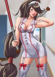 1girls akali black_hair breasts garter_straps green_eyes holding_weapons league_of_legends looking_at_viewer medium_breasts nurse nurse_akali nurse_cap nurse_uniform ponytail thighhighs weapons xkorner