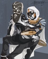 1boy 1girls armor ashestartarot cloak clothed clothing destiny_(game) destiny_2 faceless faceless_character faceless_female faceless_male female guardian_(destiny) helmet holding_waist hunter_(destiny) male male/female on_lap sitting sitting_on_lap tagme