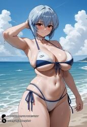 1girls alternate_breast_size arm_behind_head arm_up armpits bangs bare_shoulders beach bikini blue_hair blue_sky blush breasts choker cleavage closed_mouth cloud collarbone cowboy_shot curvy day front-tie_bikini_top front-tie_top hair_between_eyes large_breasts looking_at_viewer navel neon_genesis_evangelion ocean outdoors red_eyes rei_ayanami short_hair side-tie_bikini_bottom skindentation sky smile solo standing stomach string_bikini swimsuit thick_thighs thighs underboob unjobdespiert water wet white_bikini white_choker wide_hips