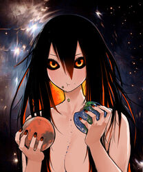 1girls :t black_hair black_hole black_nails black_sclera breasts cleavage convenient_censoring earth eating female female_only hair_between_eyes hair_over_breasts highres holding_object large_breasts long_hair m87_black_hole macro mars nail_polish nude orange_eyes orange_hair orange_nails personification planet solo space stars survival_yaiba two_tone_hair upper_body very_long_hair