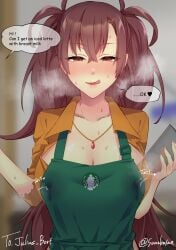 absurdres apron breasts brown_hair dr._arach english_text female highres iced_latte_with_breast_milk_(meme) lactation lactation_through_clothes large_breasts long_hair meme solo sweat tsukihime tsukihime_(remake)