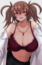 artist_request blush bra breasts brown_hair collar dr._arach female highres large_breasts long_hair looking_at_viewer navel smile tongue tongue_out tsukihime tsukihime_(remake) underwear white_background