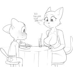 1boy 1boy1girl 1girls 2024 age_difference anthro asking asking_another ass bare_shoulders bent_arm bent_leg beverage big_breasts big_ears big_eyes biped black_and_white black_text blush blush_lines bottomwear breasts burger cartoon_network cheek_tuft cleavage cleavage_overflow clothed clothed_anthro clothed_female clothed_male clothing container crossover crossover_ship cup curved_eyebrows date dbaru dialogue digital_drawing_(artwork) digital_media_(artwork) domestic_cat dress drinking_straw duo english_text eyebrows eyelashes facial_tuft felid feline felis female fingers food fries fully_clothed fully_clothed_anthro fully_clothed_male fur fur_tuft furniture gumball_watterson huge_breasts humanoid_hands iris katia_managan khajiit larger_female looking_at_another looking_at_another's_breasts looking_at_breasts looking_at_partner male male/female mammal markings microsoft monochrome no_bra no_pupils older_female on_stool open_mouth pants pockets prequel_adventure prick_ears question sitting sitting_on_stool size_difference skimpy smaller_male snout stool straight sweater table tail talking_to_another talking_to_partner text the_amazing_world_of_gumball the_elder_scrolls thin_eyebrows three-quarter_view topwear tuft warner_bros warner_brothers webcomic whisker_markings wide_eyed yes-no_question younger_male