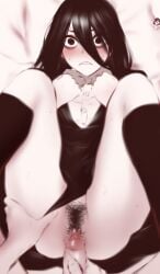 1boy 1girl 1girls black_eyes black_hair black_stockings blush clenched_teeth clothed_sex clothing dandadan female first_porn_of_character imminent_penetration long_hair male penetration penis pussy sex shirt shpo spread_legs vaginal_penetration wide_eyed yukishiro_kouki