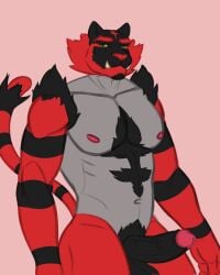 2023 anthro azcein balls big_pecs black_balls black_body black_fur black_penis black_stripes cheek_tuft eyebrows facial_tuft flat_colors fur generation_7_pokemon genitals glans green_eyes grey_markings hi_res humanoid_genitalia humanoid_penis incineroar male markings multicolored_body multicolored_fur navel nintendo nipples pecs penis pink_background pink_glans pink_nipples pokemon pokemon_(species) portrait pupils red_body red_eyebrows red_fur simple_background slit_pupils snaggle_tooth solo striped_markings striped_tail stripes tail tail_markings thick_eyebrows three-quarter_portrait tuft two_tone_body two_tone_fur underbite vein veiny_penis yellow_sclera