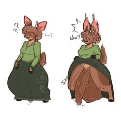 anthro big_balls bulge_through_clothing confusion deer futa_only futanari large_penis looking_down lopsalien pulling_up_skirt surprised