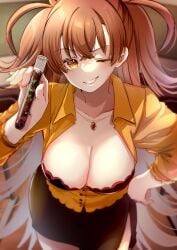 absurdres big_breasts blush bra breasts breasts brown_hair chocolate closed_eyes dr._arach female highres huge_breasts lab_coat lace lace_bra large_boobs large_breasts long_hair orange_thighhighs orange_vest shimotsukishin smile thighhighs tsukihime tsukihime_(remake) underwear vest