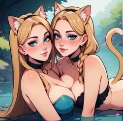 2girls ai_generated blonde_hair blush braid cat_ears cat_tail catgirl jhonensteele large_breasts neko nekomimi