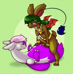 2boys alternate_color anthro cowgirl_position crossover cum dark_skin egyptian feral final_fantasy furry gay green_hair hair half-closed_eyes hi_res ivalician_moogle lagomorph latios legendary_pokémon long_ears male male_only mammal moogle nintendo open_mouth original_character penis pokemon pokemon_(species) pokemon_rse scalie square_enix tongue video_games wings yaoi