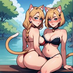 2girls ai_generated ass bikini blonde_hair blush braid cat_ears cat_tail catgirl jhonensteele large_breasts neko nekomimi water