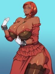 1girls breasts cleavage dark-skinned_female dress dress_pull earrings exposed_shoulders exposed_thighs fanning_self female final_fantasy_xiv glasses gloves huge_breasts large_breasts mature_female milf mole_on_breast mole_under_mouth necklace original_character purple_eyes purple_lipstick red_hair red_head red_headband roegadyn short_hair simmsy soothing_ruby stockings sweat sweating wrist_cuffs zrhap