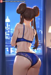 1girls ai_generated ass crossed_arms dclp facing_away from_behind lace-trimmed_bra lace-trimmed_panties large_breasts lingerie night pokemon rosa_(pokemon)