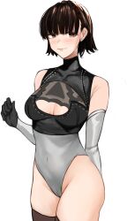 1girls alternate_version_available ass blush blushing breasts brown_eyes brown_hair cameltoe cosplay crossover_cosplay female female_only gloves looking_at_viewer makoto_niijima megami_tensei nero_watch nier nier:_automata nier_(series) persona persona_5 short_hair thick thick_ass thick_thighs thighhighs thighs white_background yorha_2b_(cosplay)