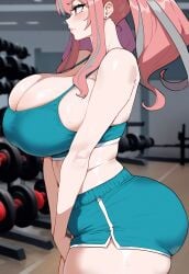 ai_generated ass azur_lane breast_squeeze breasts_bigger_than_head bremerton_(azur_lane) cleavage creamy_ai curvy gym gym_shorts huge_ass huge_breasts long_hair pink_eyes pink_hair short_shorts shorts sports_bra thick_thighs v_arms wide_hips