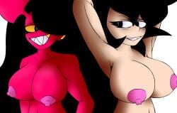 2girls alternative_universe bettysantana big_breasts big_breasts big_hair black_hair boku_no_hero_academia breasts breasts demon demon_girl demon_tail evil_smile full_nude nipples nude nude_female oc original_character original_characters pose red_body sharp_teeth smile succubus succubus_horns succubus_tail white_body yellow_eyes