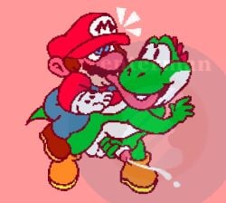 2boys anthro balls blue_eyes blue_overalls blush blushing clothing cum cumshot dinosaur duo ejaculation enterman facial_hair gay gloves green_skin green_yoshi hat human long_tongue male male_only mario mario_(series) masturbation nintendo overalls penis pink_background pixel_art red_hat red_shirt sucking_tongue surprised surprised_expression tongue tongue_in_mouth tongue_out white_gloves yaoi yoshi