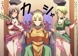 assisted_exposure blush clenched_teeth dress_lift embarrassed jeno nishida_satono no_panties okina_matara pubic_hair pussy surprised teireida_mai touhou