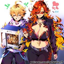 1boy 1girls absurd_res aether_(genshin_impact) age_difference blush breasts choker cleavage curvy defaultz_17 female genshin_impact happy_male hi_res large_breasts larger_female light-skinned_female light_skin looking_over_eyewear looking_over_sunglasses male_with_painted_nails mavuika_(genshin_impact) meme playstation_5 size_difference sunglasses thighs tinted_eyewear white_background wide_hips