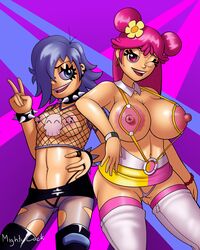 2girls absurd_res ami_onuki areolae big_breasts blue_eyes breasts cartoon_network casual clothing curvy female female_only fishnets hair hi_hi_puffy_amiyumi highres human large_breasts legwear mightycock multiple_girls neckwear nipple_piercing nipples one_eye_closed pale_skin panties piercing pink_eyes pink_hair purple_hair spiked_bracelet spiked_collar thighhighs topless v wristwear yumi_yoshimura