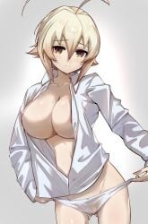 1girls arc_system_works architecture areola_slip big_breasts blazblue blonde_hair blush braid braided_ponytail breasts busty cleavage covered_erect_nipples east_asian_architecture es_(xblaze) female female_only highres large_breasts legs long_hair looking_at_viewer naked_shirt navel no_bra panties panty_pull sensual shirt smile solo sweat thighs underwear undressing wet wet_clothes wet_panties yellow_eyes