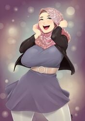 1girls big_breasts breasts dress female female_only green_eyes hijab hijabolic huge_breasts leather_jacket looking_at_viewer open_mouth smile solo thick_thighs wide_hips