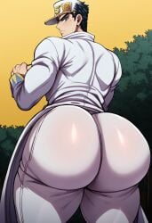 1boy ai_generated ambush_(trap) asian ass bara barazoku big_ass big_butt black_hair blackwhiplash_(style) blue_eyes blush blushing civitai coat diamond_is_unbreakable dilf femboy flustered frown girly hat huge_ass huge_butt hyper hyper_ass hyper_butt japanese jojo's_bizarre_adventure jotaro_kujo looking_at_viewer male male_only massive_ass massive_butt mature muscular muscular_male older_male pout presenting presenting_hindquarters solo solo_male thick_thighs tight tight_clothing tight_fit trap trenchcoat twinksupremacy white_hat white_pants wide_hips