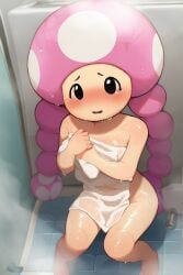 ai_generated blush looking_at_viewer mario_(series) naked_towel nintendo super_mario_bros. toadette