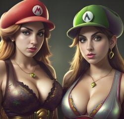 2girls ai_generated boobs caucasian_female civitai earrings eyeliner green_hat kotoshko lipstick luigi luigiette mariette mario mario_(series) necklace red_hat rule_63 sisters super_mario_bros.