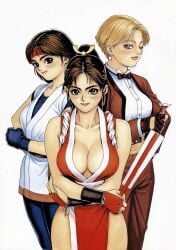 3girls big_breasts big_breasts blonde_hair blue_eyes blush blushing_at_viewer breasts breasts brown_eyes brown_hair clothed cute cute_face drink earrings elegant fan female fit_female gloves hair_ornament hand_on_hip headband huge_breasts japanese japanese_clothes karate_gi king_(snk) king_of_fighters latex light-skinned_female light_skin long_hair long_sleeves looking_at_viewer mai_shiranui one_eye_closed pale_skin pants ponytail red_clothing seductive_look shirt short_hair skirt spandex suit thick_thighs thighs tied_hair toned voluptuous voluptuous_female white_shirt wink winking_at_viewer yoga_pants yuri_sakazaki