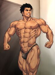 1boy abs bara beard_stubble biceps big_breasts black_hair bodybuilder bulge bulge_through_clothing clenched_hand g-string gay grin hesoten hi_res indoors male male_only muscles muscular muscular_arms muscular_ass muscular_legs muscular_male muscular_thighs original original_character pecs pose posing short_hair shunta six_pack solo standing syunta_87 thick_ass thick_eyebrows thick_thighs thong tight_clothing trembling vein