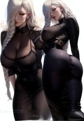 ai_generated big_breasts braided_hair dress hair_over_one_eye hourglass_figure huge_breasts jujutsu_kaisen mei_mei_(jujutsu_kaisen) mommy tight_clothing tight_dress white_hair