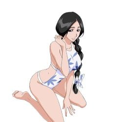 barefoot black_hair bleach bleach_brave_souls blue_eyes braid braided_ponytail breasts collarbone female large_breasts legs long_hair official_art smile swimsuit thighs transparent_background unohana_retsu