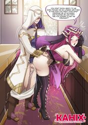 ass blush breasts clothed_sex clothing cum cum_in_pussy cum_inside english english_text female fire_emblem fire_emblem_heroes from_behind gloves headdress high_heels kahix kiran_(fire_emblem) kiran_(fire_emblem)_(male) large_breasts loki_(fire_emblem) long_hair male nipples open_mouth penetration penis purple_hair sex spread_legs standing_sex straight thighhighs vaginal_penetration