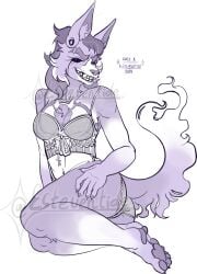 anthro ass big_ass breasts chest_tattoo demon demon_futa demon_futanari furry furry_ass furry_balls furry_breasts furry_feet furry_female furry_futa futanari kinktober kinktober_2024 lingerie mtf_transformation purple_fur tattoo thick_thighs thighs wolf wolf_futa wolf_girl