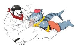 2boys absurd_res anthro bear bodily_fluids closed_eyes clothing cum cum_in_mouth cum_inside cum_on_self duo ejaculation epic_games fish fortnite gay genital_fluids genitals hi_res humanoid_genitalia humanoid_penis licking looking_at_another lying male male/male mammal marine muscular on_front open_mouth open_smile oral penile penis penis_lick polar_bear polar_patroller safety_first_steve_(fortnite) sex seyrmo shark sitting smile tongue tongue_out ursine