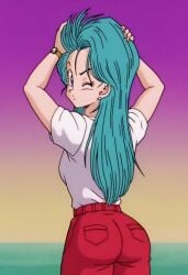 ai_generated aqua_hair ass ass_grab big_ass big_butt breasts bulma_briefs dragon_ball dragon_ball_z hair hands_on_head long long_hair messy one_eye_closed red_pants seductive_look sexy_pose short_sleeves stable_diffusion white_shirt