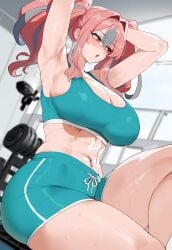 ai_generated armpits arms_behind_head azur_lane breasts_bigger_than_head bremerton_(azur_lane) cleavage creamy_ai curvy exercise gym gym_shorts huge_breasts long_hair midriff navel navel_piercing pink_eyes pink_hair short_shorts shorts sports_bra sweat thick_thighs wide_hips